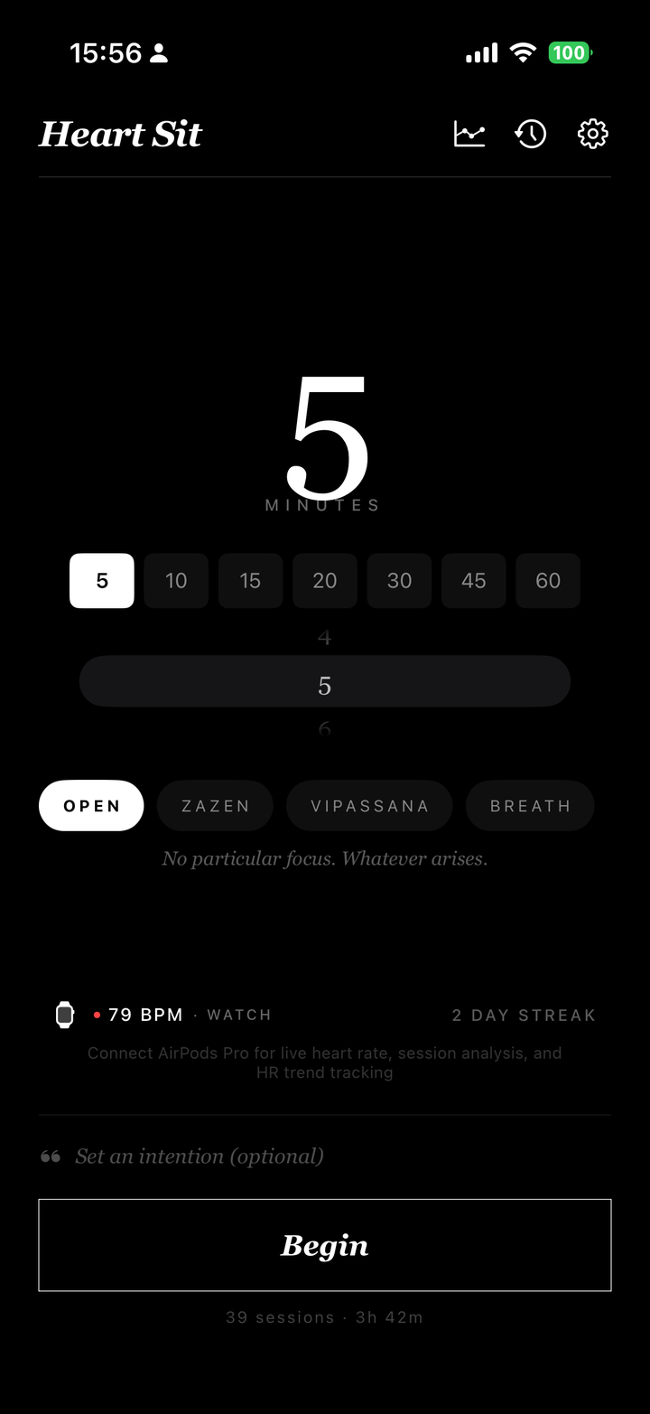 Heart Sit — home screen with duration picker, practice type selector, and intention input