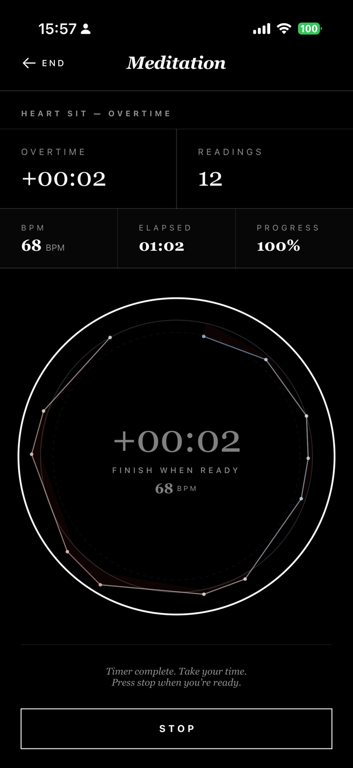 Heart Sit — active meditation session with live BPM and radial heart rate wave