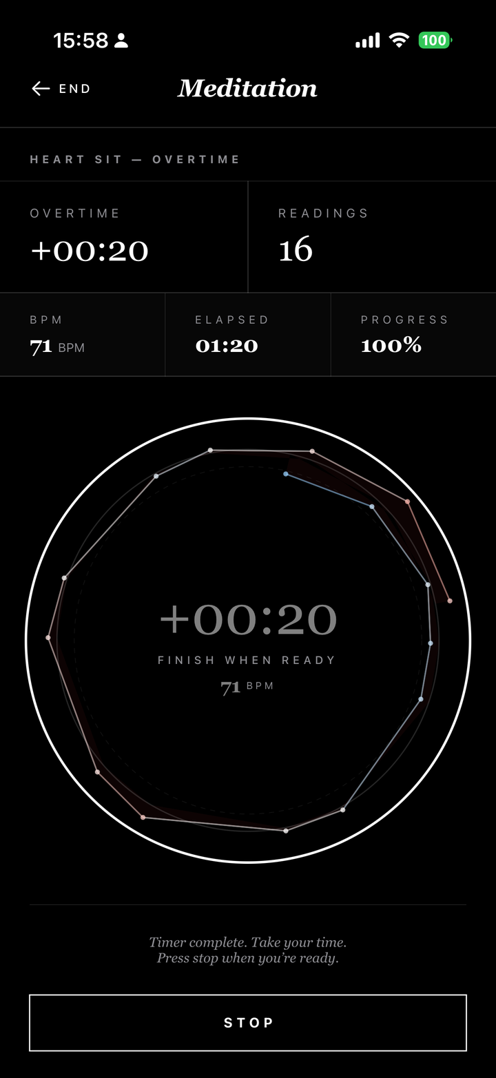 Heart Sit — Overtime mode counting up after the timer ends