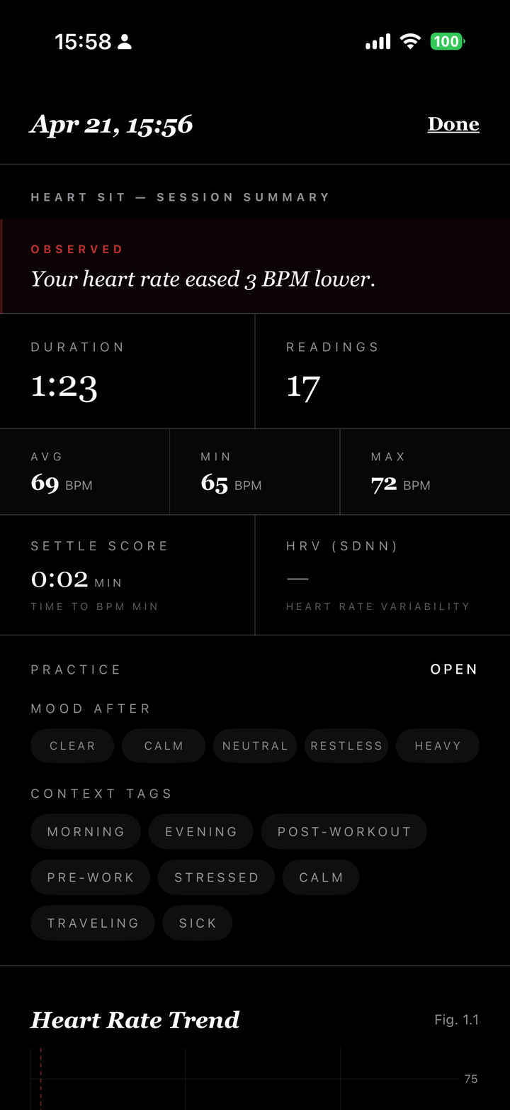 Heart Sit — session detail with OBSERVED insight banner, settle score, HRV, and full HR chart
