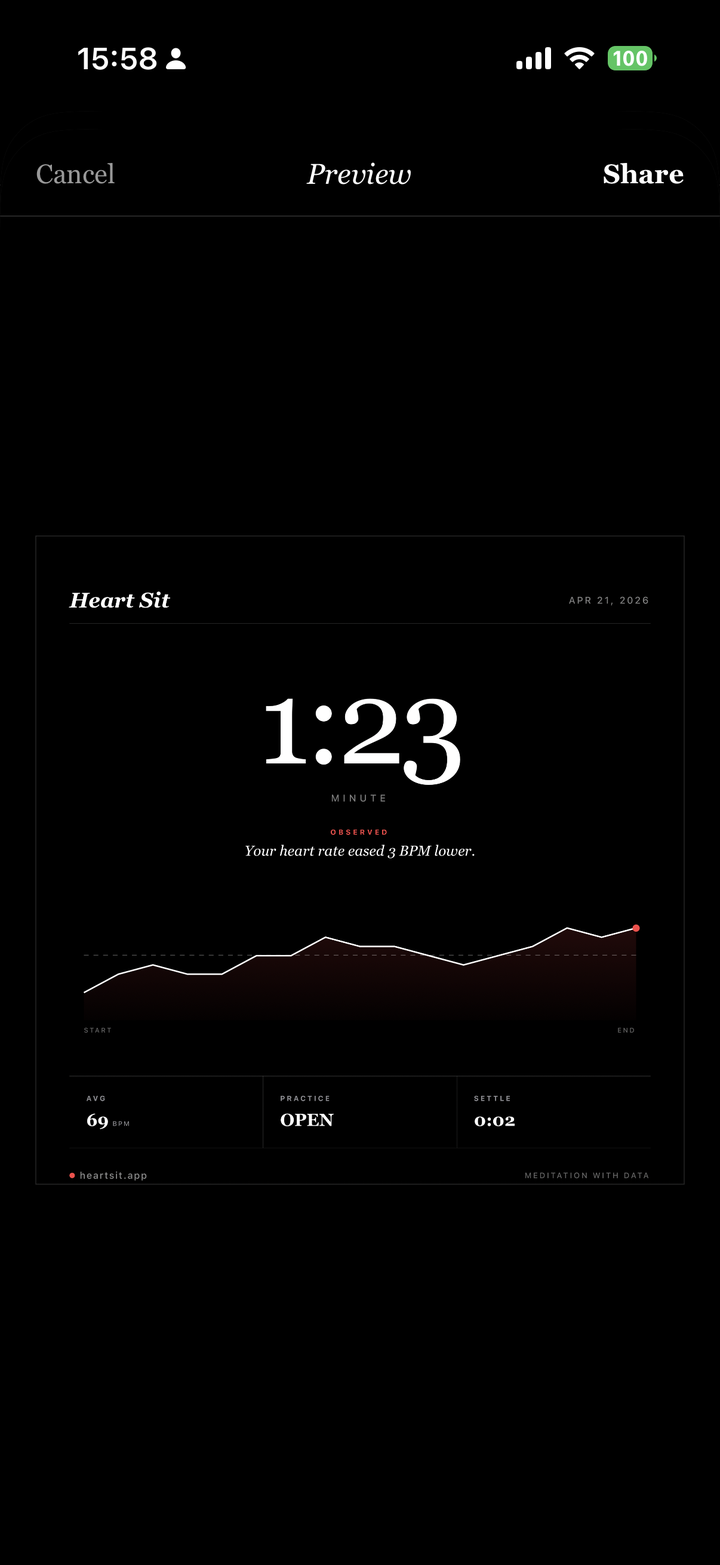 Heart Sit — Settings with bell, interval ding, haptic heartbeat, HR source, and About sections