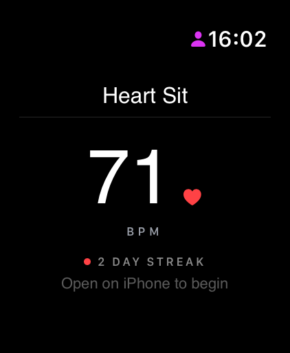 Heart Sit on Apple Watch — remote control showing live timer and heart rate